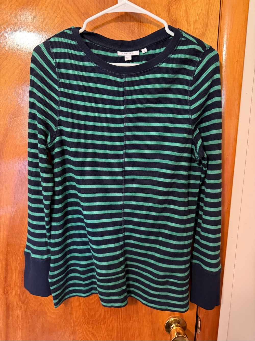 Chico's Navy and Teal Striped Crewneck Top